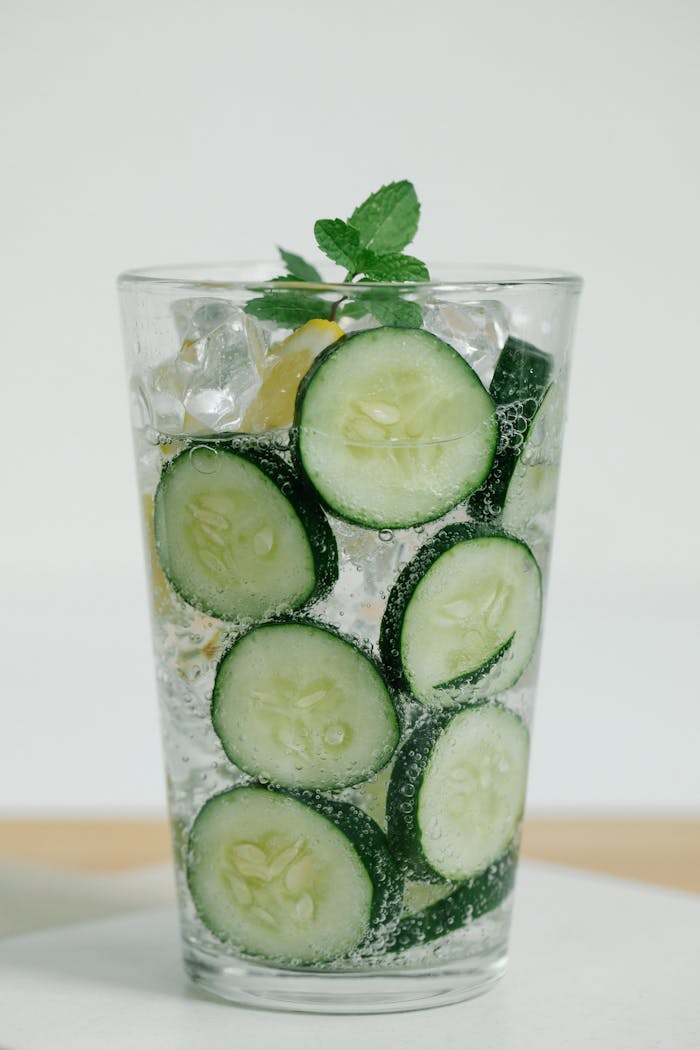 A close-up of cucumber and mint infused sparkling water with lemon slices, perfect for a refreshing drink.